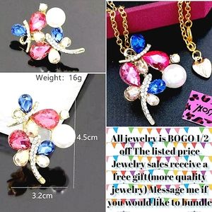 18K gold plated blue white pink crystal pearl double butterfly necklace/brooch